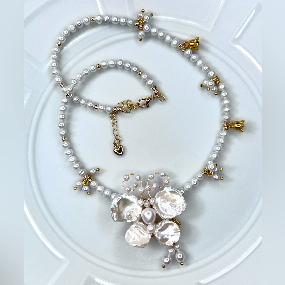 🔥🦋 Handmade Freshwater Keshi Pearl Butterfly 🦋 Necklace 16-18”